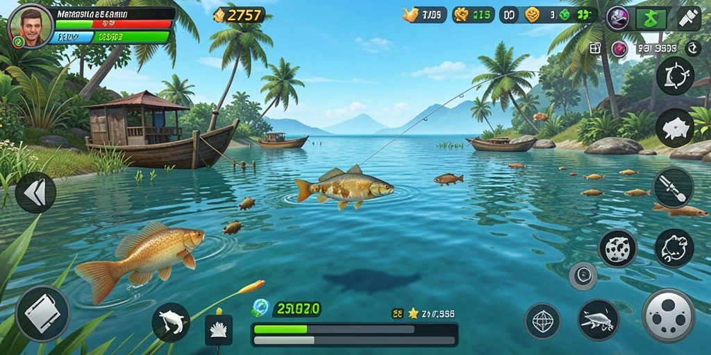 Tampilan gameplay seru dalam 2757 dengan berbagai ikan dan alat pancing.