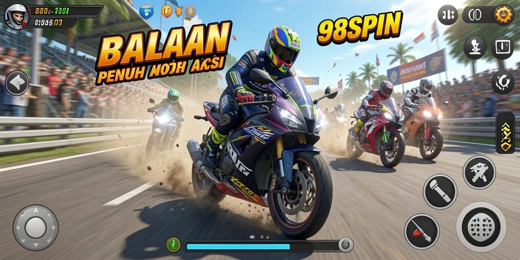 Tampilan seru gameplay balapan motor di 98SPIN.