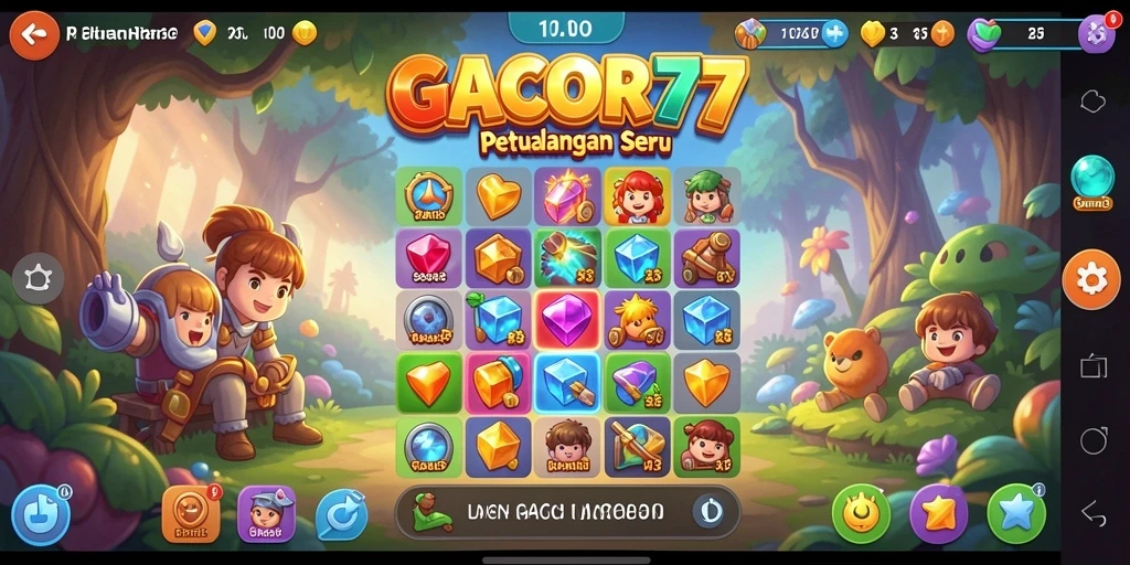 Screenshot menunjukkan gameplay seru dari GACOR77, dengan banyak permata berwarna.