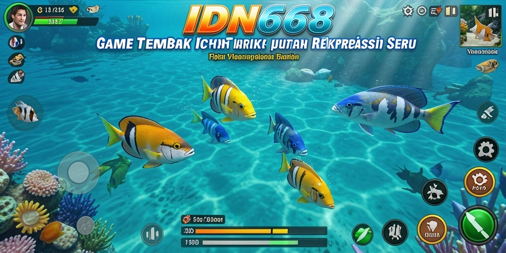 Screenshot utama gameplay IDN668 menampilkan aksi tembak ikan yang seru.
