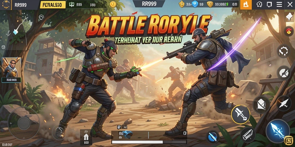 Screenshot gameplay RR999 menunjukkan aksi bertarung intens di medan Battle Royale.