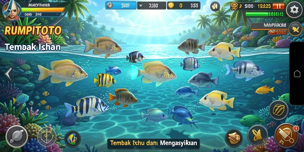 Screenshot RUMPITOTO menampilkan aksi menembak ikan yang seru.